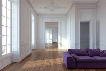 A living room with white walls and wood flooring in the center of the room  there is a purple couch