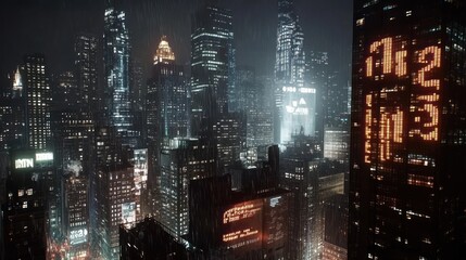 Rain-swept futuristic cityscape at night, digital clock tower.