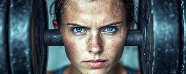 Determined Woman Weightlifting, Strength Training, Intense Focus, Powerful Gaze, Fierce Expression, Building Muscle, Fitness Goals, Health, Wellness, Physical Strength, Perseveranc