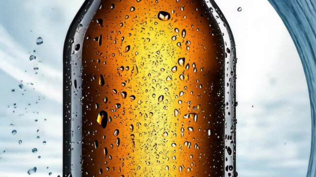An amber bottle filled with a crisp beverage stands center stage, surrounded by splashes of water that add a refreshing touch, highlighting its coolness, zoom in