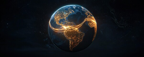 distribution resources flow concept. A glowing Earth with illuminated cities against a dark backdrop, symbolizing global connectivity and technology.