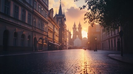 Fototapeta premium Sunrise over cobblestone street in old European city.