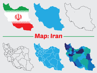 Iran country map set. internal provinces borders marked, Simple map of Iran vector drawing, Filled and outline.