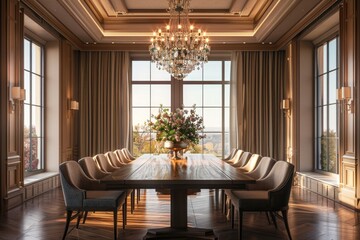 Luxurious dining room with flowers  big table  and chandelier.