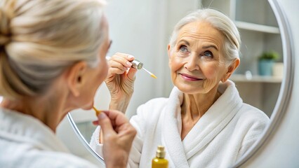 Senior mature older caucasian woman applying face eye contour treatment with antiaging pipette serum essence oil looking at mirror wearing bathrobe. Bright complexion skin care products advertising.