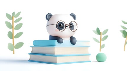 Naklejka premium Cute Adorable Little Panda Sitting on Books in Watercolor Style