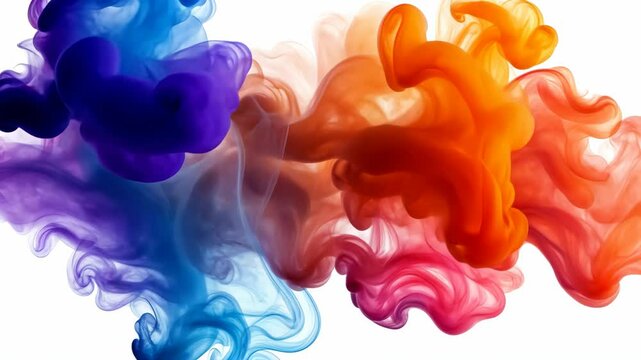 Colorful smoke powder is creating dynamic abstract shapes on white background, perfect for white backgrounds and creative projects and polished aesthetic