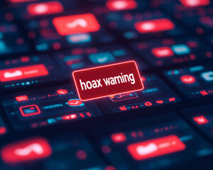 Scam hoax alert awareness concepts. Digital interface featuring a floating hoax warning, ideal for tech and cautionary imagery.