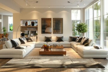 modern interior design living room with white sofa and brown center table