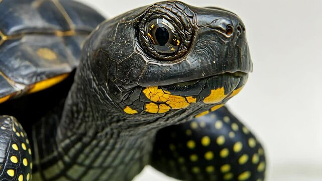 Close-up of a striking yellow and black spotted tortoise in a natural setting showcasing its detailed shell and features
