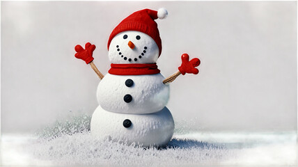 Fototapeta premium Snowman, Santa hat, red scarf, carrot, winter, snow, festive, cute character, cartoon style, white background, cheerful, holiday season, digital art, playful, whimsical, detailed illustration, vibrant