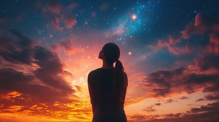 night sky stars and woman for traveling freedom or vacation healthy activity with person looking or thinking