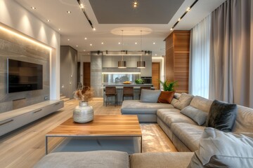 Open space living room with kitchen  dining table  grey couch