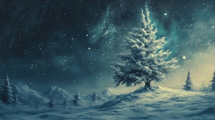 Naklejka premium Snowy winter landscape with a majestic pine tree under a starry night sky.