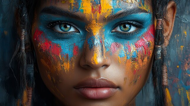 Oil painting and face art of tribal people with color showcase artistic expression, design, patterns, and creative splashes on gallery canvases