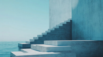 Fototapeta premium Modern architectural steps leading to serene water under a clear blue sky