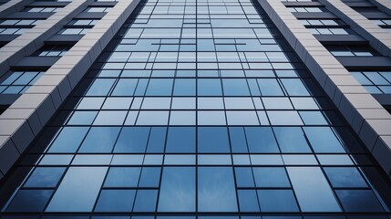 Close-up of a modern office building featuring blue glass windows. The architectural design highlights urban elegance and sophistication.