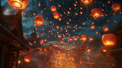 Fototapeta premium Enchanting Night Scene with Red Lanterns Floating in the Sky