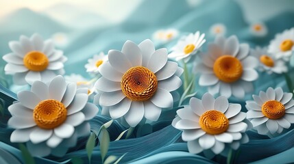 Obraz premium Origami flowers and a paper bouquet are rendered in 3D, creating an aesthetic art piece. This abstract floral artwork features digital daisies and can be used as wallpaper, a poster, or decoration