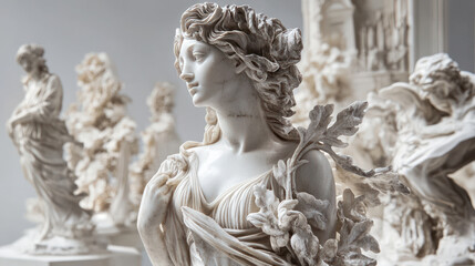 Obraz premium detailed marble sculpture of woman with flowing hair and draped clothing, surrounded by other intricate sculptures. artistry showcases elegance and craftsmanship