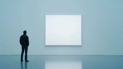 Obraz premium Viewer contemplates blank canvas in modern art gallery setting