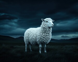 Fototapeta premium A captivating image showcases a single sheep standing in a serene Irish countryside, where subtle Celtic designs adorn its wool, blending heritage with nature's tranquility This scene captures the