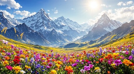 Mountain landscape with colorful flowers under bright sunlight