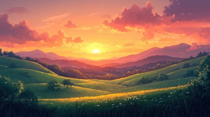 Capture a stunning sunrise over rolling hills