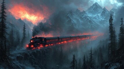 A dramatic train traverses a fiery landscape with mountains in the background.