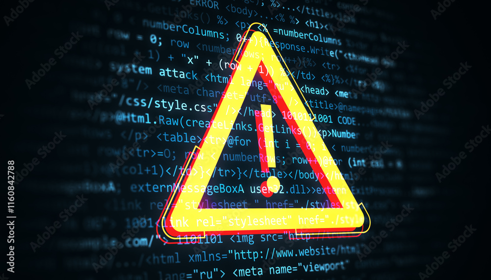 Poster Warning Exclamation Sign with Digital Code in Background Highlighting Cyber Threat Concept. 3D Rendering