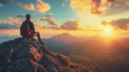 Fototapeta premium Serene Hiker Enjoying Sunset View Over Majestic Mountain Landscape