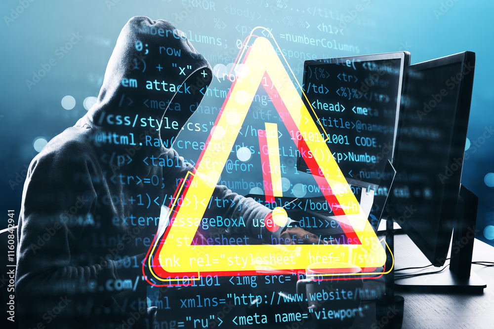 Fototapete Hacker in hoodie working on a computer with digital warning sign overlay and code in background.