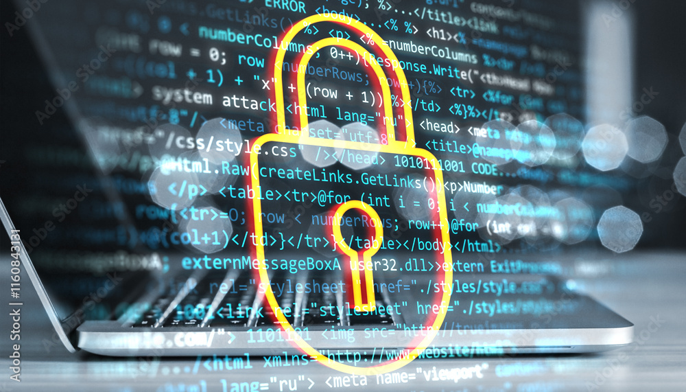 Poster Laptop screen with digital lock icon overlay and programming code in background, representing cybersecurity and data protection.