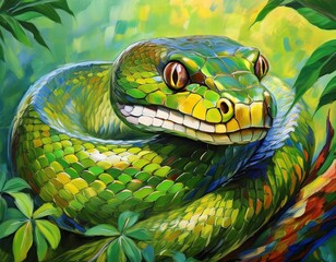 Fototapeta premium green mamba snake on green nature oil painting background artwork style