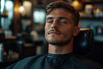 Fototapeta premium man sits relaxed in barber shop, enjoying grooming session. warm ambiance and stylish decor create welcoming atmosphere for perfect haircut experience
