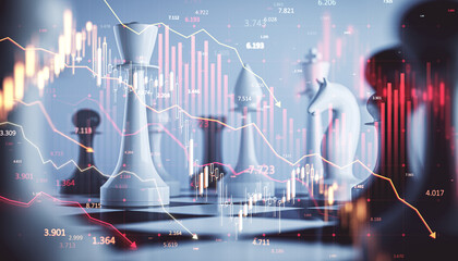 Chess pieces with financial market data overlay, illustrating strategy and economic downturn.