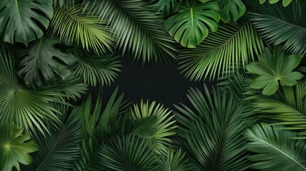 The image showcases a beautiful arrangement of blurred dark green plant leaves overlaying a contrasting black background, evoking a serene atmosphere