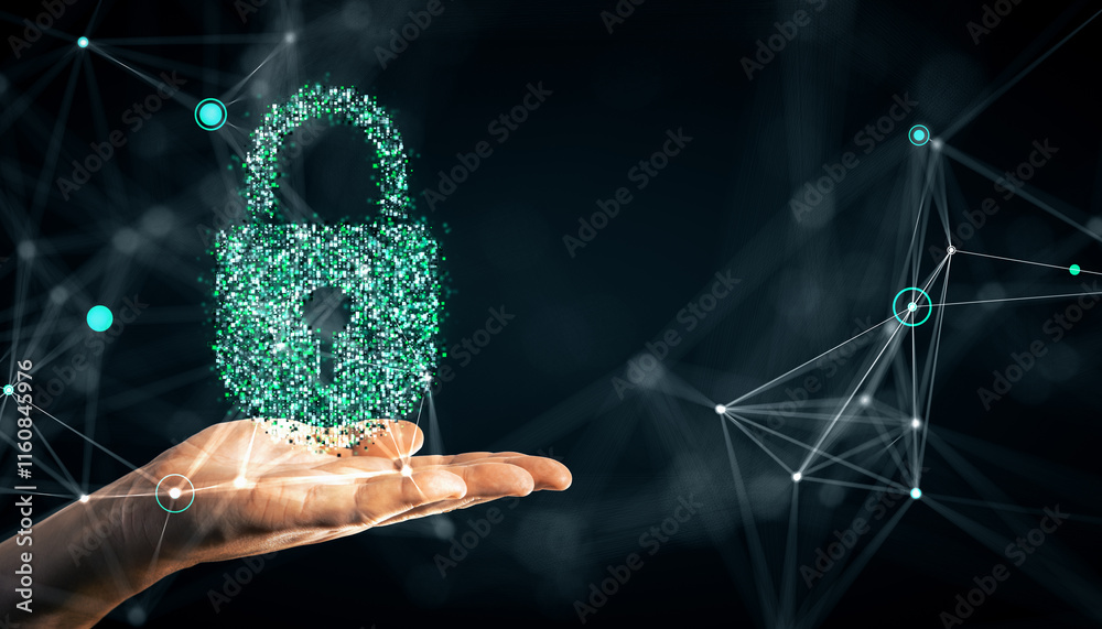 Aufkleber Digital padlock hologram hovering above a hand on a virtual network background, symbolizing cybersecurity and data protection.
