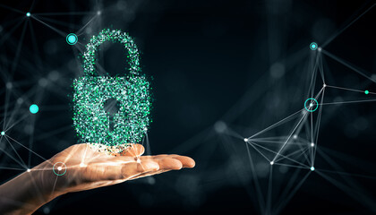 Digital padlock hologram hovering above a hand on a virtual network background, symbolizing cybersecurity and data protection.