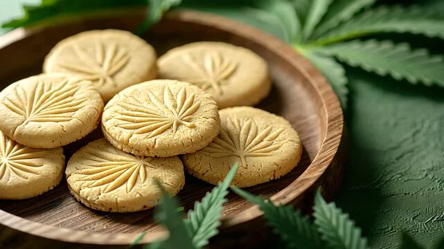 Close Up of Cannabis Cookies on Rustic Wooden Plate
