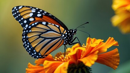 Obraz premium Delicate monarch butterfly gracefully perched on vibrant orange flower during a warm afternoon