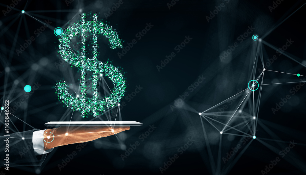 Poster holographic dollar sign emerging from a tablet held by a hand, surrounded by a dark futuristic digit