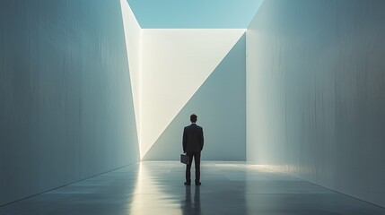 Businessman Standing in Abstract Space with Geometric Shapes