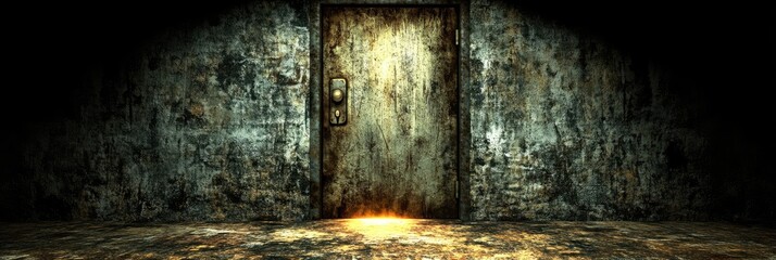 A dimly lit, weathered door in a dark, textured environment, evoking mystery and suspense.
