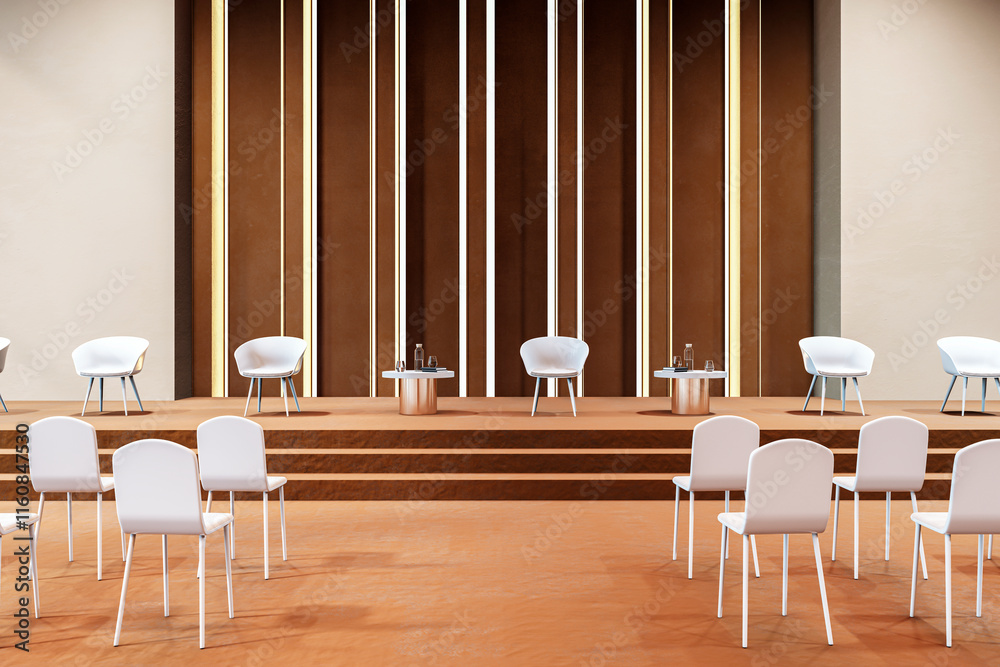 Poster modern conference hall interior with empty chairs and stage arranged for a business event or seminar