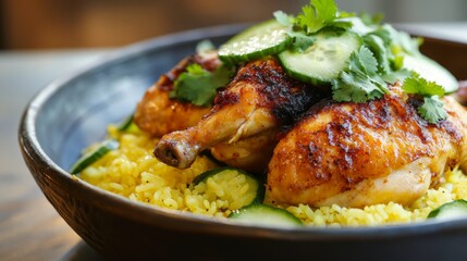 Fototapeta premium Grilled Chicken with Fresh Herbs and Sliced Cucumbers on Rice