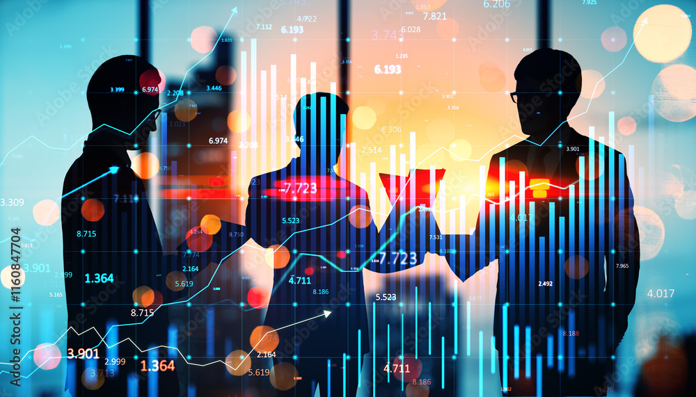 Poster business team discussing financial data with overlay of stock market graphs and charts in a modern o