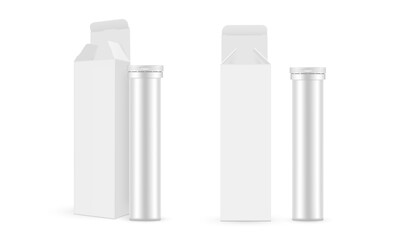 Effervescent Tablets Packaging. Tube And Box, Opened Lid, Front And Side View. Vector Illustration