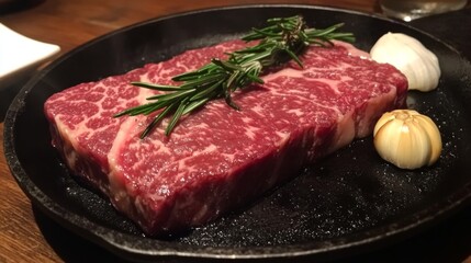 Fototapeta premium Fresh Raw Beef Steak with Garlic and Rosemary on a Sizzling Plate