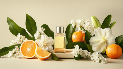 vibrant arrangement featuring perfume bottle surrounded by fresh oranges and white flowers, creating refreshing and elegant atmosphere